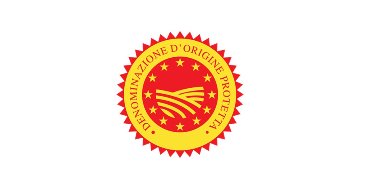 D.O.P. Żółte koło z czerwonymi literami - logo DOP